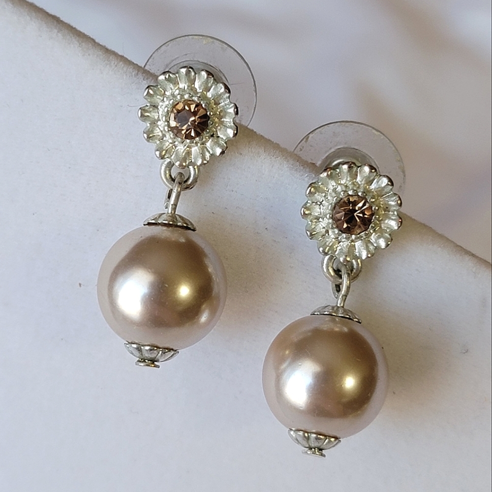 Champagne Faux Pearl and Rhinestone Sunflower Drop Earrings